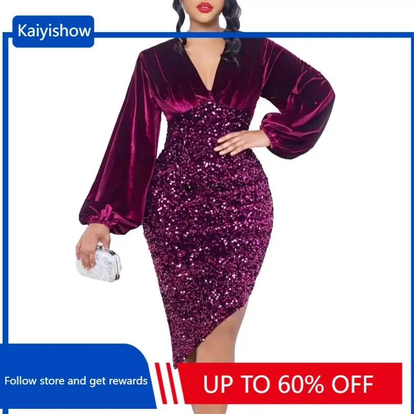 

African Party Evening Dresses for Women Spring Elegant African Long Sleeve V-neck Sequin Bodycon Dress Dashiki Africa Clothing