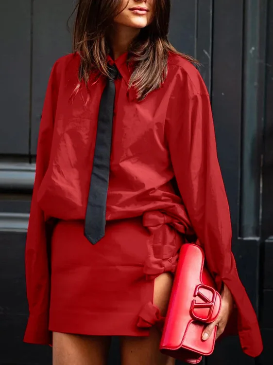 طقم أزياء نسائي أنيق مكون من قميص بأكمام طويلة وتنورة ضيقة، مصنوع من البوليستر، مناسب للعمر 8-25 سنة، لموسم الربيع، بدون علا...