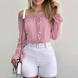 New Autumn Fall Off Shoulder Chiffon Blouse Women Shirt Casual Elegant Top Femme Swiss Dot Drawstring Tops Women's Clothing 2023