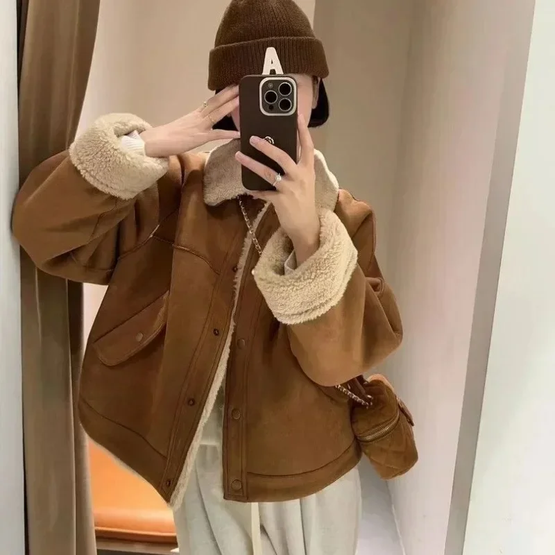 Winter Vintage Suede Jacket Women Korean Fashion Warm Fleece Mustang Jackets Oversize Chic Elegant Outwear Aesthetic Dropship