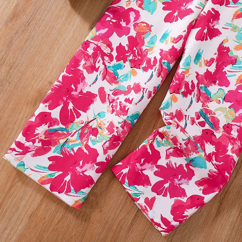 Fashion For 8-12 Years Kids Outfit Rose Red Lace Jumpsuit For Girls Floral Printed Party Birthday Teenager Daily Casual Clothing