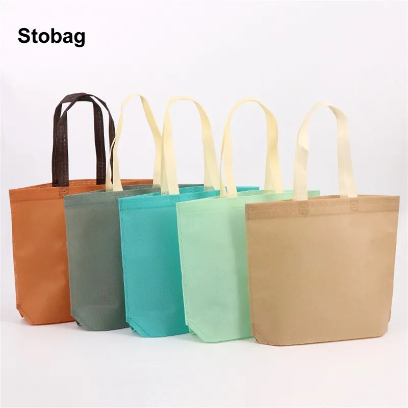 StoBag 10pcs Non-woven Shopping Tote Bags Fabric Portable Color Eco-friendly Storage Reusable Large Pouch Custom Logo(Extra Fee)