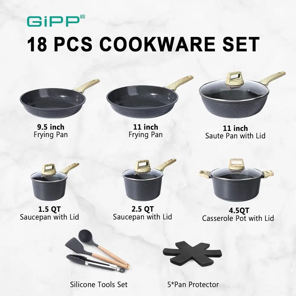 18-Piece Ceramic Nonstick Cookware Set: Healthy, Dishwasher-Safe, Non-Toxic Kitchenware with Frying Pans
