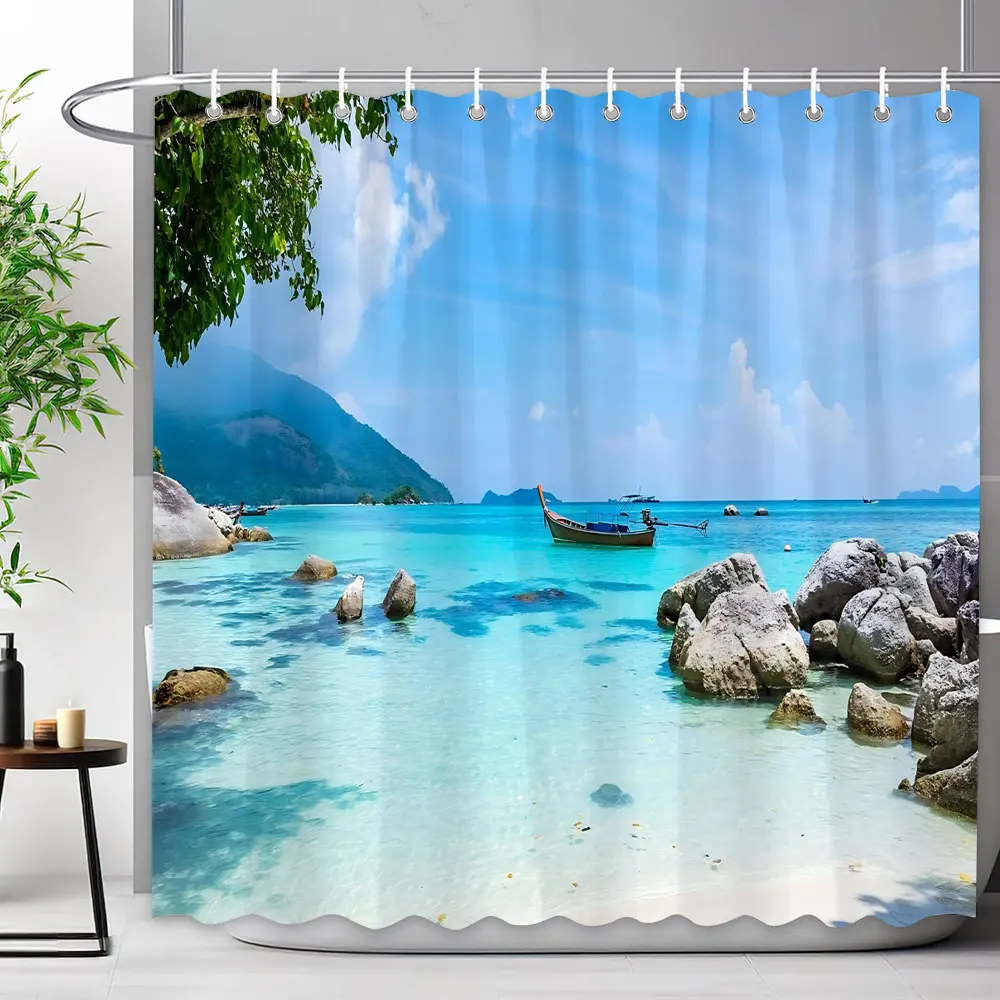 Seaside Scenery Shower Curtain Blue Ocean Beach Tropical Woods Outdoor Nature Landscape Polyester Shower Curtains Bathroom Decor