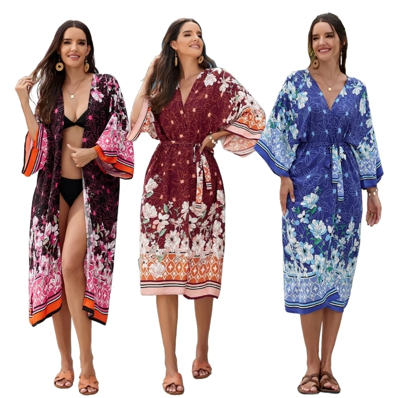 Cardigans Kimono à fleurs pour femmes, manches longues, robe plage ample, Cover-Up pour les maillots bain