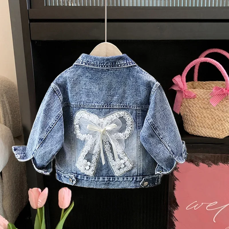 

2-12 Years Girls Denim Jacket New Fashion Baby Kids Jean Coats For Girls Cute Rabbit Lace Bow Design Children Outerwear Clothing