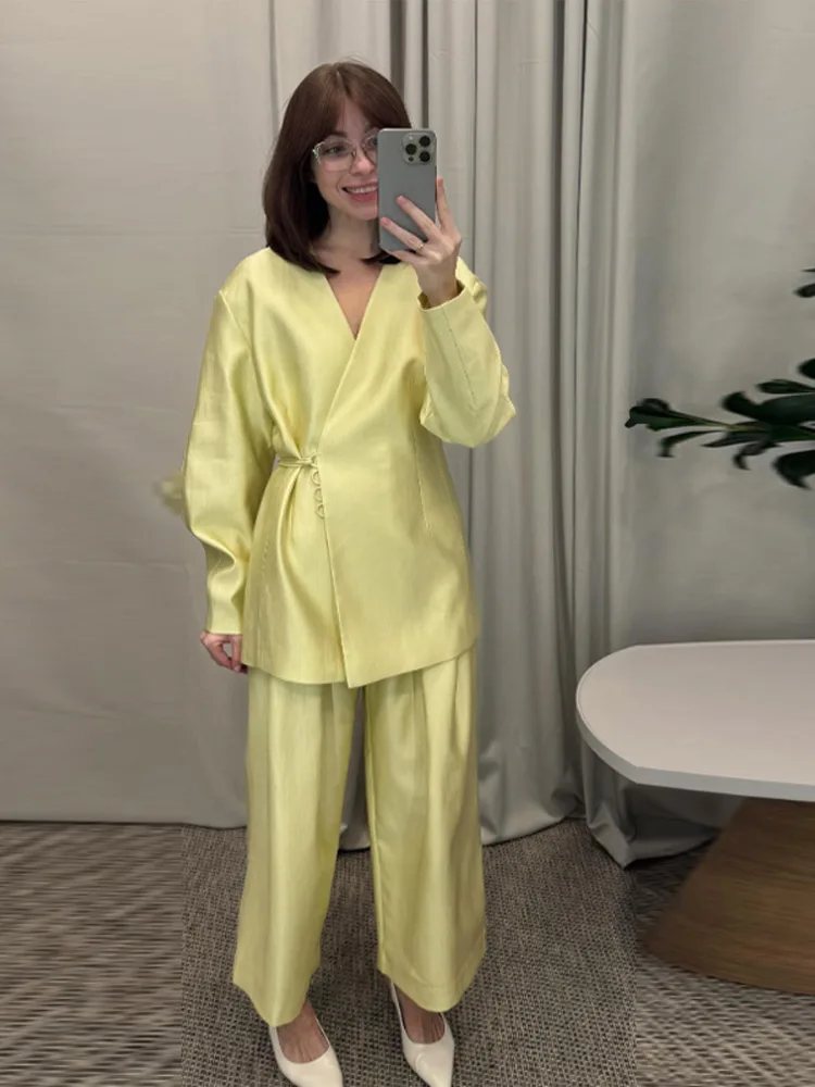 Elegant Women's Lace Up Shirt Pant Sets 2026 Summer V-neck Long Sleeve Top High Waist Loose Wide Leg Pant Two Piece Set Women