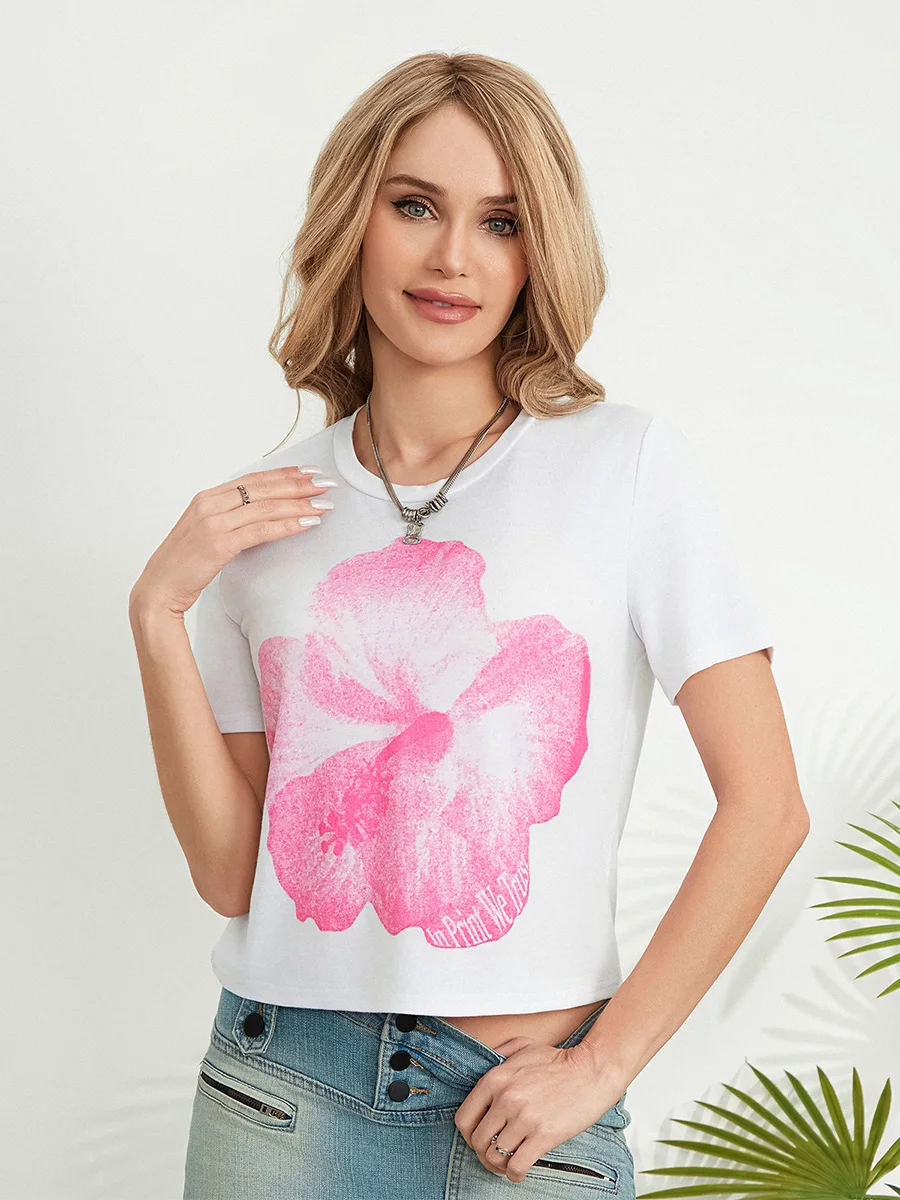 Womens Crop Tops y2k Short Sleeve Floral Slim Fit T-Shirt E Girls Baby Tees Aesthetic Clothes