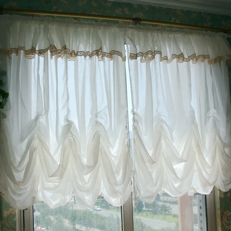 Country pastoral comes with lace edge small curtain head drawstring curtain water wave curtain single-layer gauze curtain white