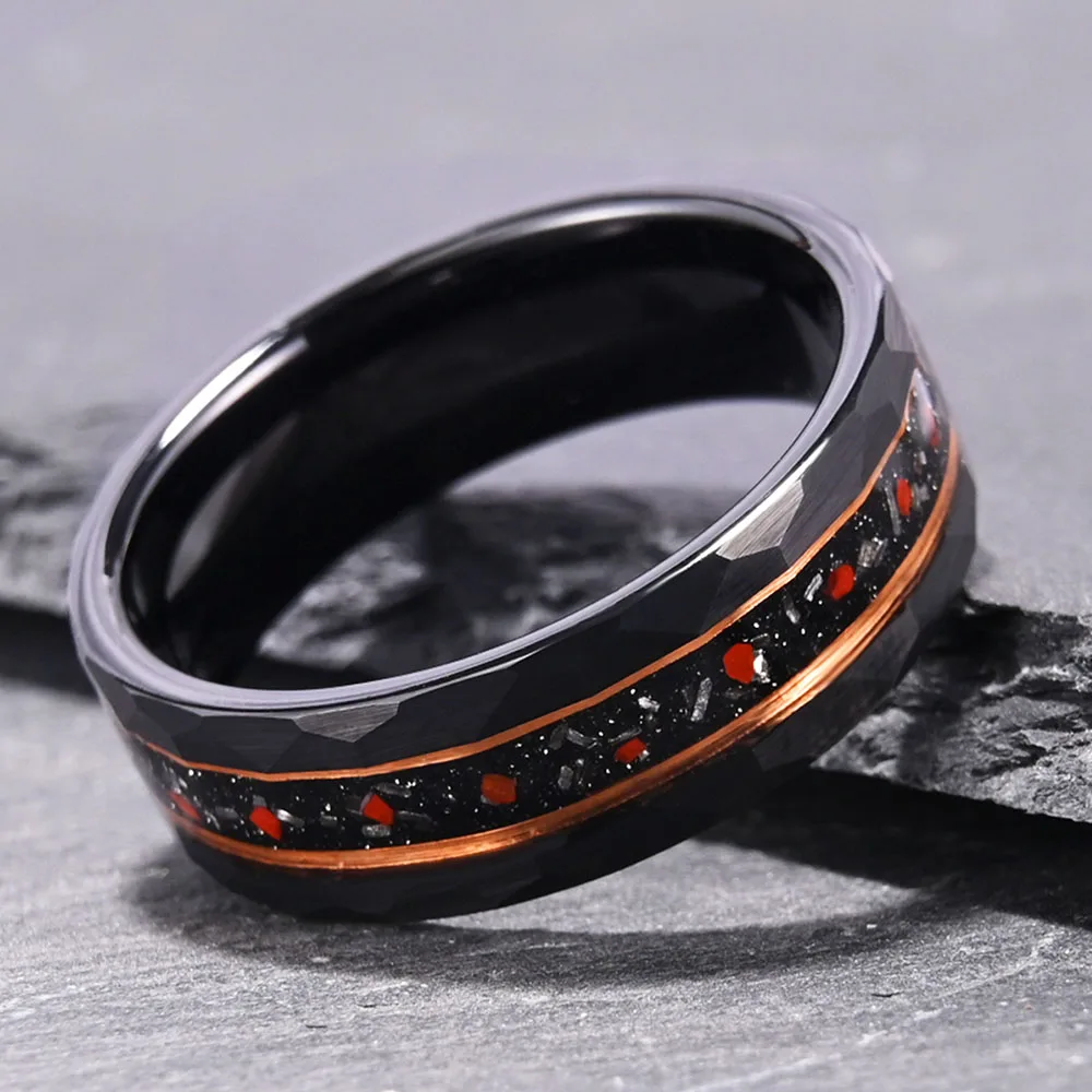 Tungsten Steel Black Ring Inlaid With Dinosaur Fossil Meteorite Debris, Fashionable Rings For Men And Women.