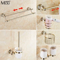 Gold Finish Crystal Decoration Metal Bathroom Accessories Set Robe Hook Cup Brush Holder Towel Holders Soap Dish Paper Rack ML70