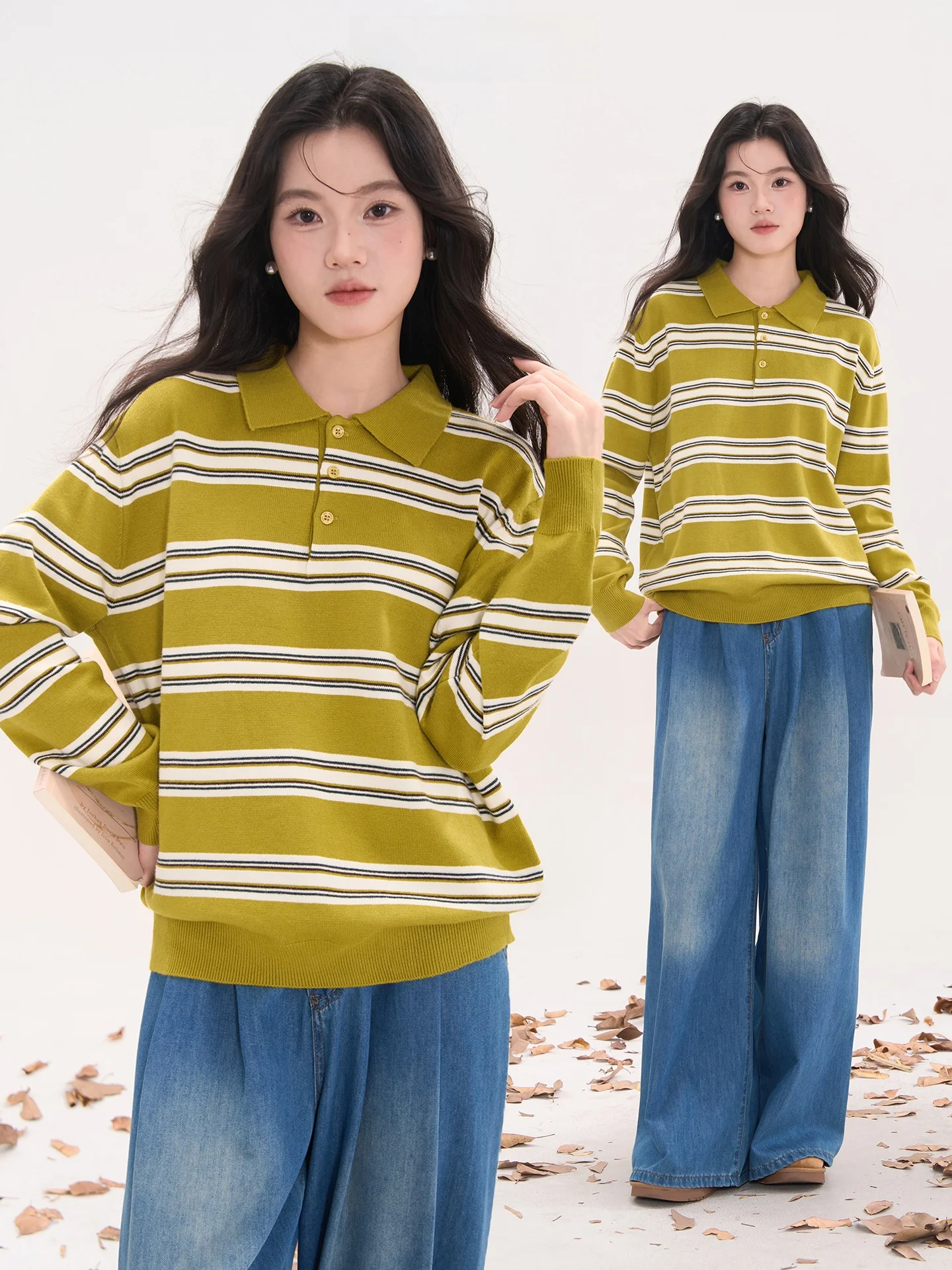 

Женский вязаный свитер в полоску с пуговицами, осенний, модный, повседневный, стандартный крой