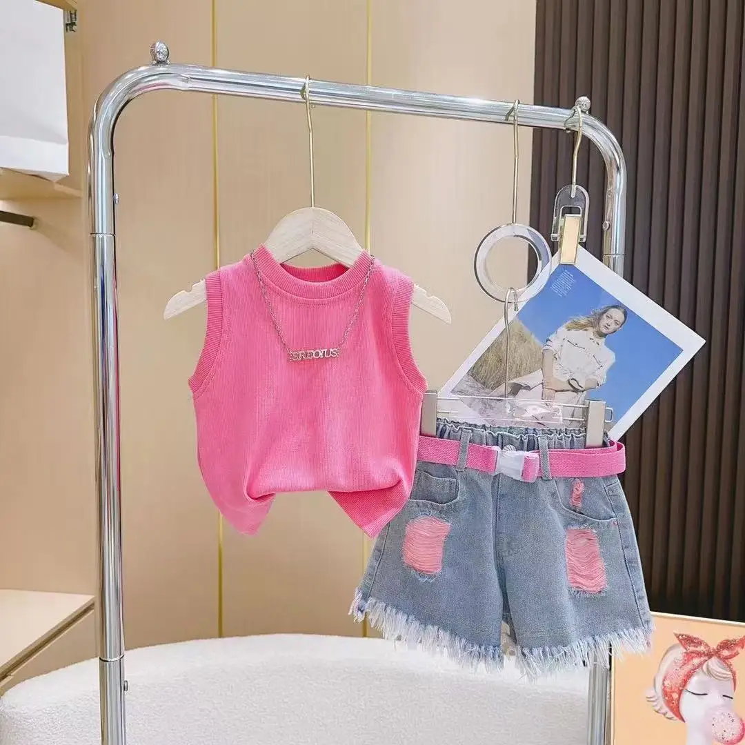 

Kids Girls' Denim Shorts Suit Summer New Kids Outfits Korean Version Little Girls' Fashionable Shorts T-shirtTwo-piece Set 4-12Y