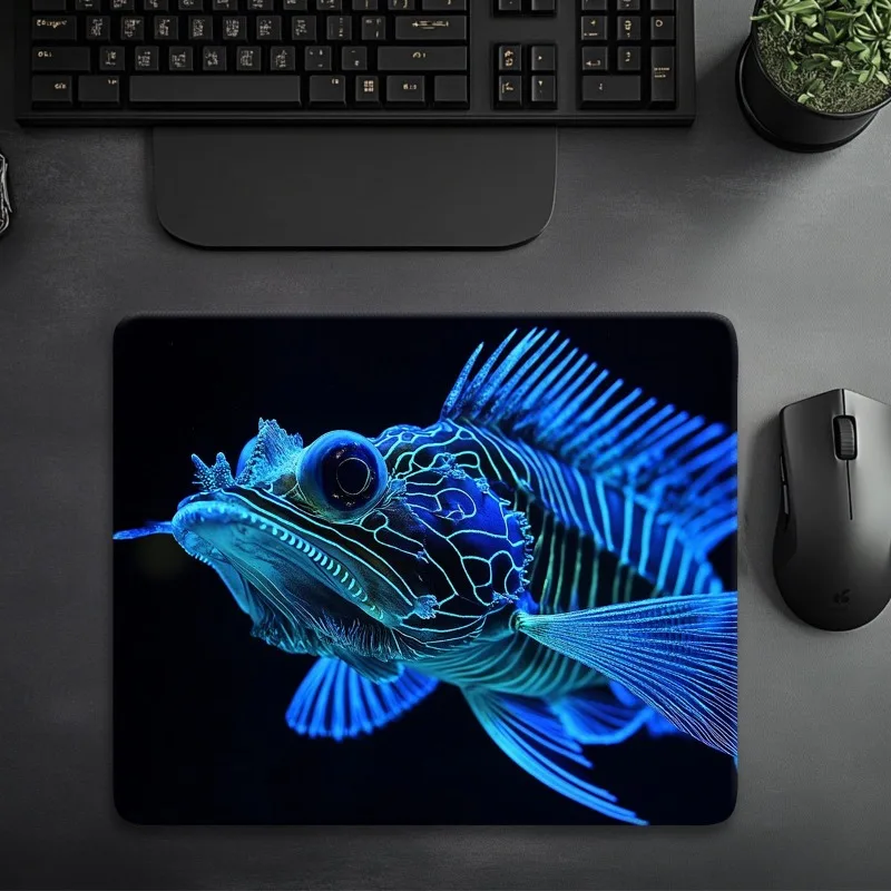 

The blue fish-patterned mouse pad with an anti-slip rubber base and circular edges is suitable for home offices