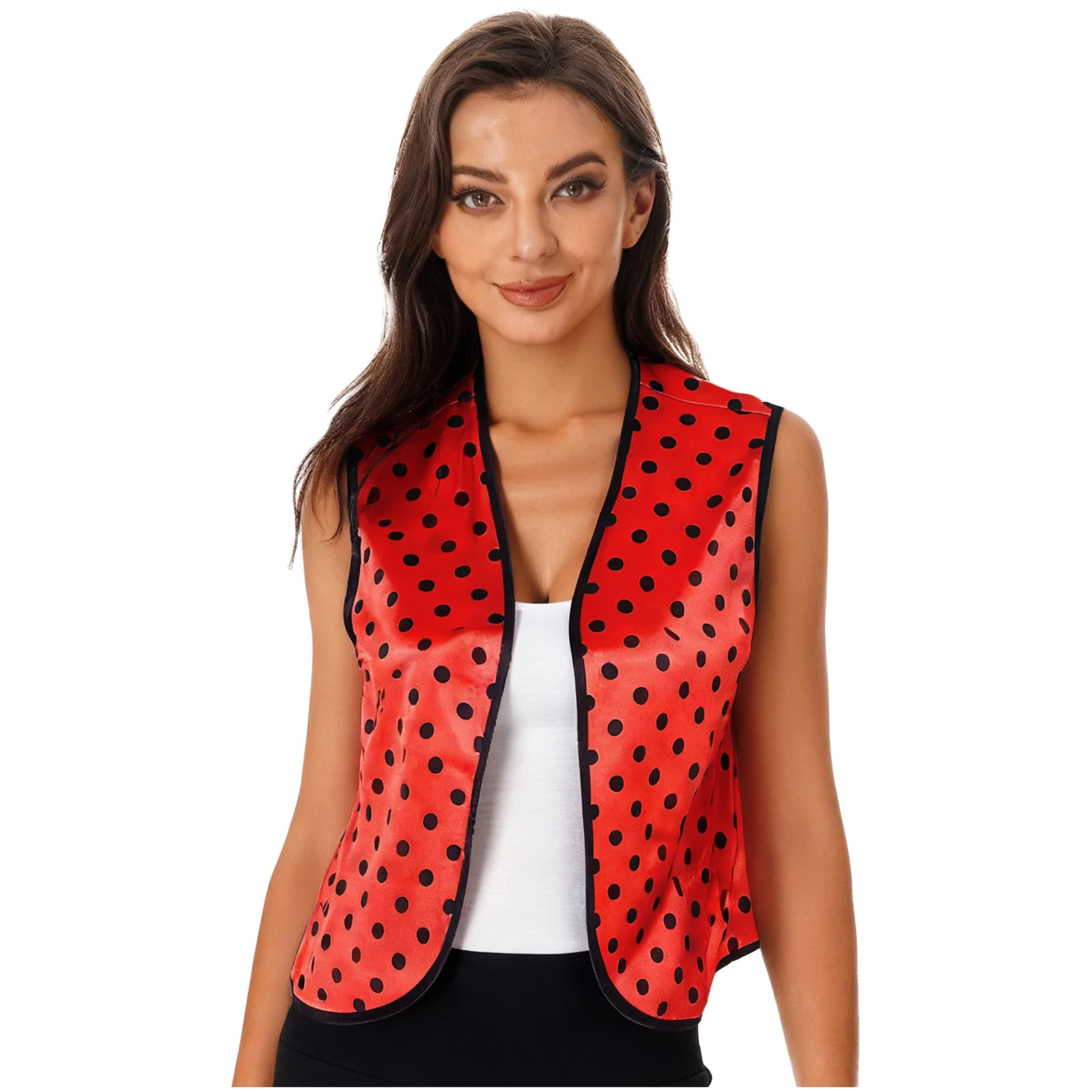 

Women Creative Clown Circus Dress-up Vest Polka Dot Print Open Front Sleeveless Satiny Tank Top Cardigan for Cosplay Party Raves