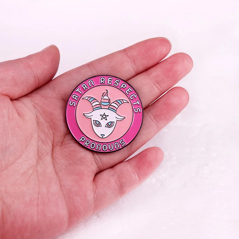 Satan Respects Pronouns Enamel Pin Trans Pride Button Badge Brooch Pastel Goth Transgender Satanist Ally LGBTQ Pride Jewelr view 3