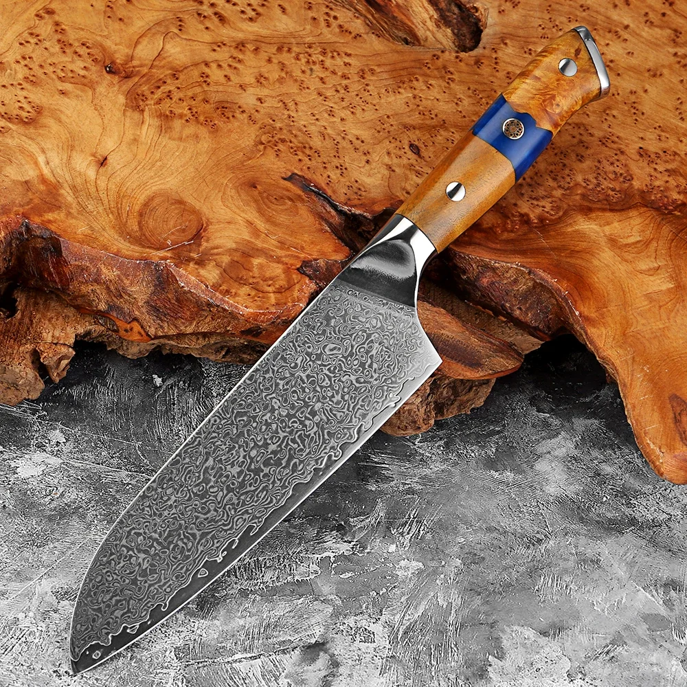 

7-дюймовый японский нож Santoku, деревянная ручка из синей смолы, 67 слоев дамасской стали, острый профессиональный кухонный нож для кухонного ножа