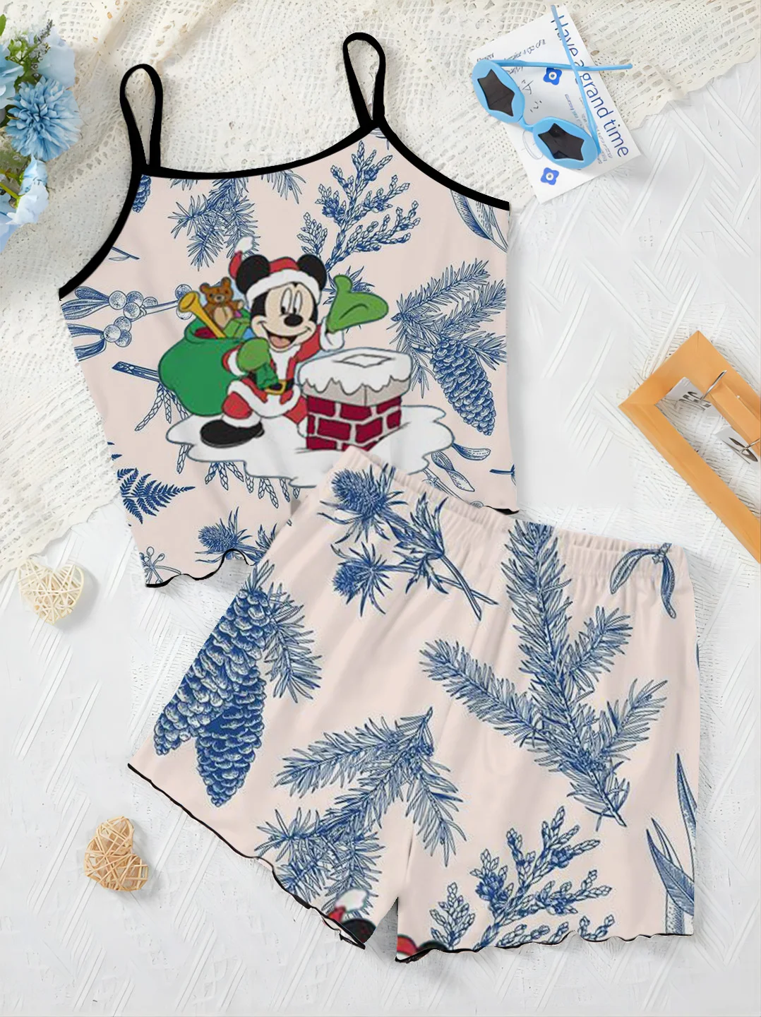 Top Slip Dress Christmas Lettuce Trim Short Sets for Women 2 Pieces Minnie Mouse Disney T-shirt Mickey Women's Suit Elegant Home