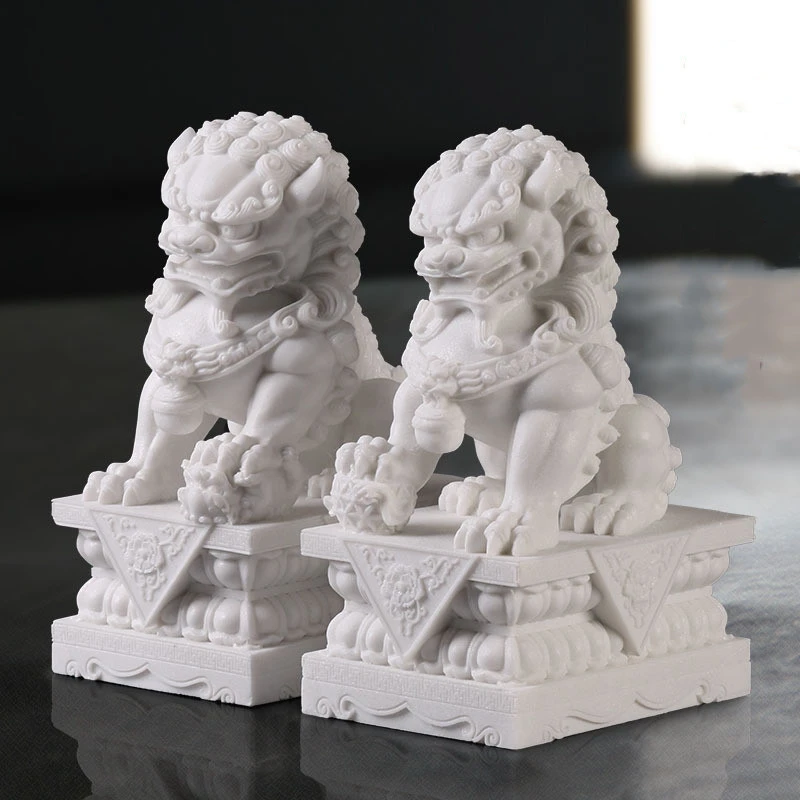 Foo Dogs Statues Pair Marble Feng Shui Guardian Lion Statues 10Cm/3.9In