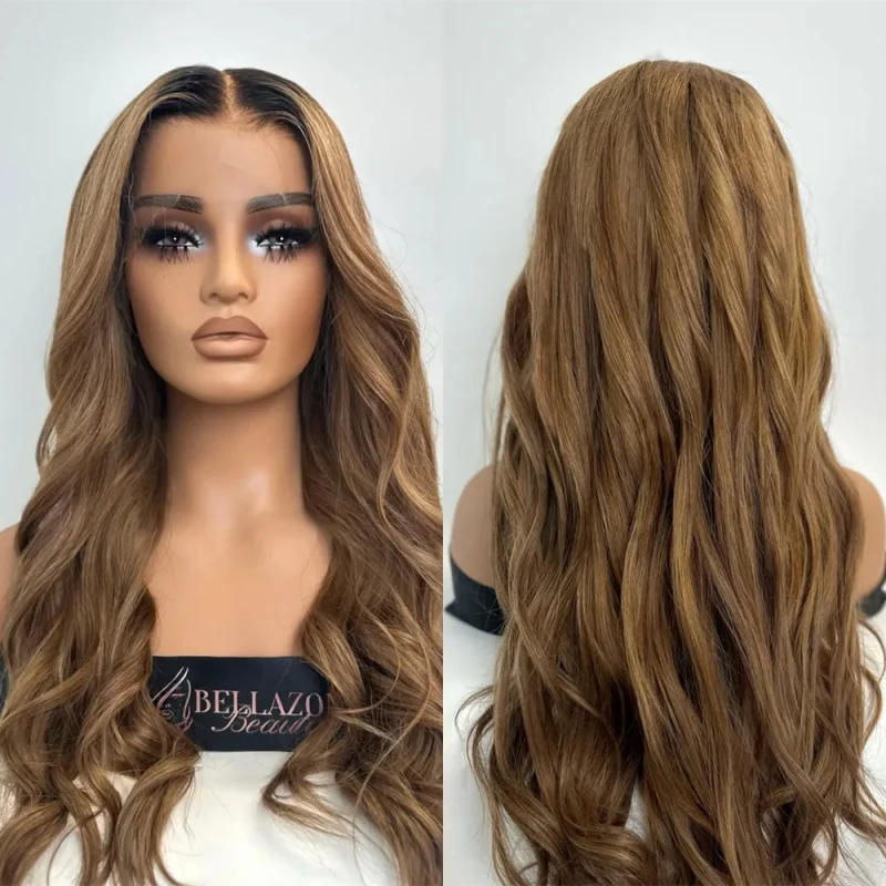 

Preplucked Hairline Middle Part Ombre Caramel Brown Highlights Synthetic Lace Front Wigs with Dark Roots 28 Inch Long Body Wave