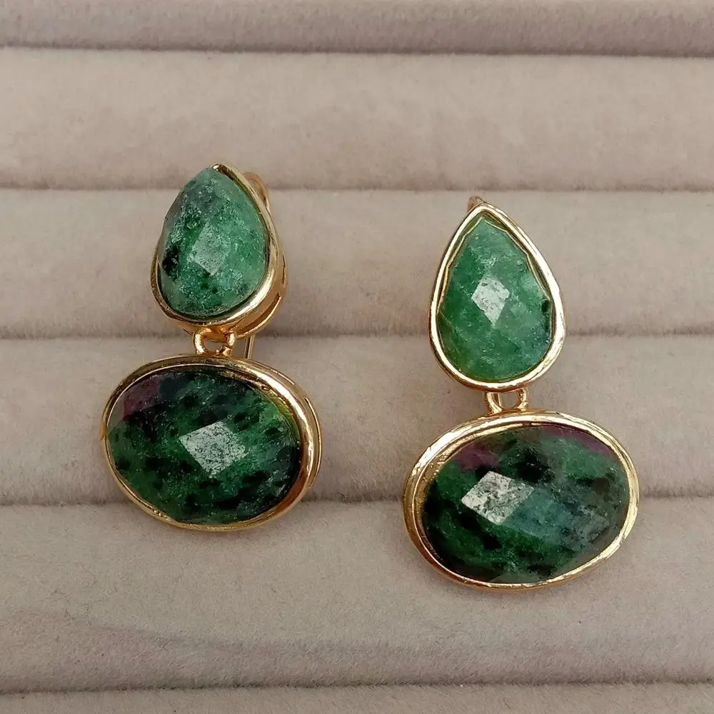 YYGEM Natural 17x13mm Ruby Zoisite Anyolite Bezel Set Hook Earrings Fashion Supplies 6
