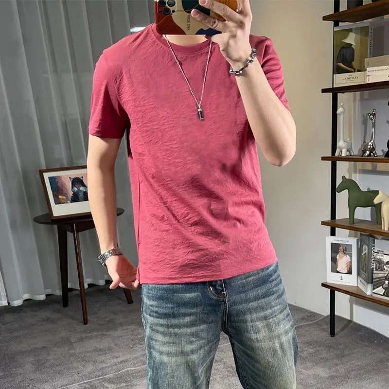 موضة س الرقبة عادية بلون تي شيرت ملابس للرجال 2025 صيف جديد فضفاض كم قصير بلايز الكورية كل مباراة تي شيرت #3