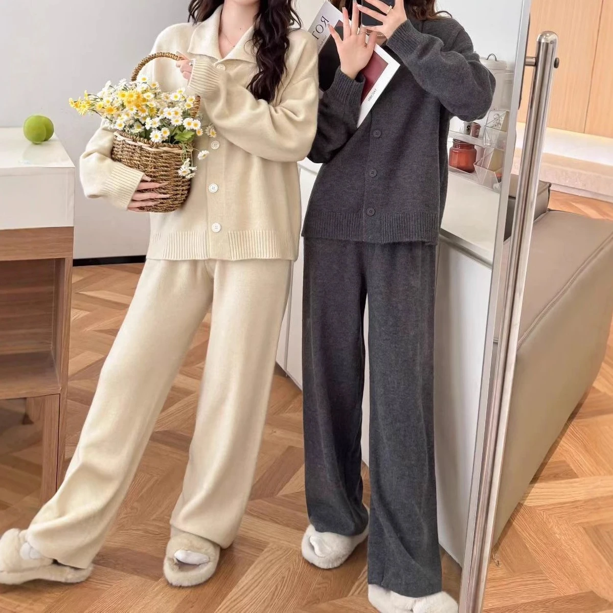 

Two Pieces Women Knitted Pants Sets Solid Set Turn Down Collar Long Sleeves Cardigan Full Lenth Wide Leg Pant Casual 2025 Autumn