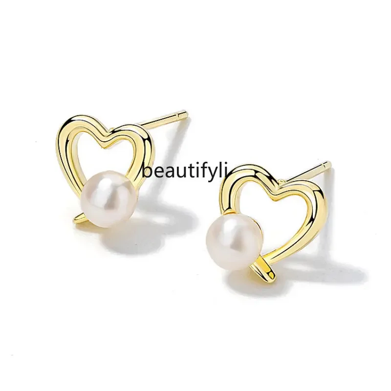 

zq Heart Pearl Stud Earrings Earrings Niche Design Earrings Women's High-Grade Trendy Ear Bone Stud