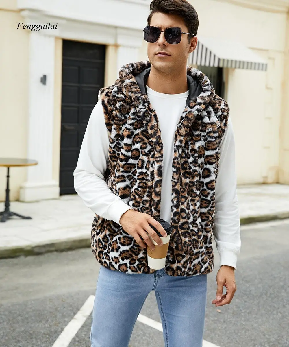 European and American Men's Faux Fur Coat, Long-Sleeved Jacket with Hood, Leopard Print Synthetic Fur Jacket, Vest-Like Garment