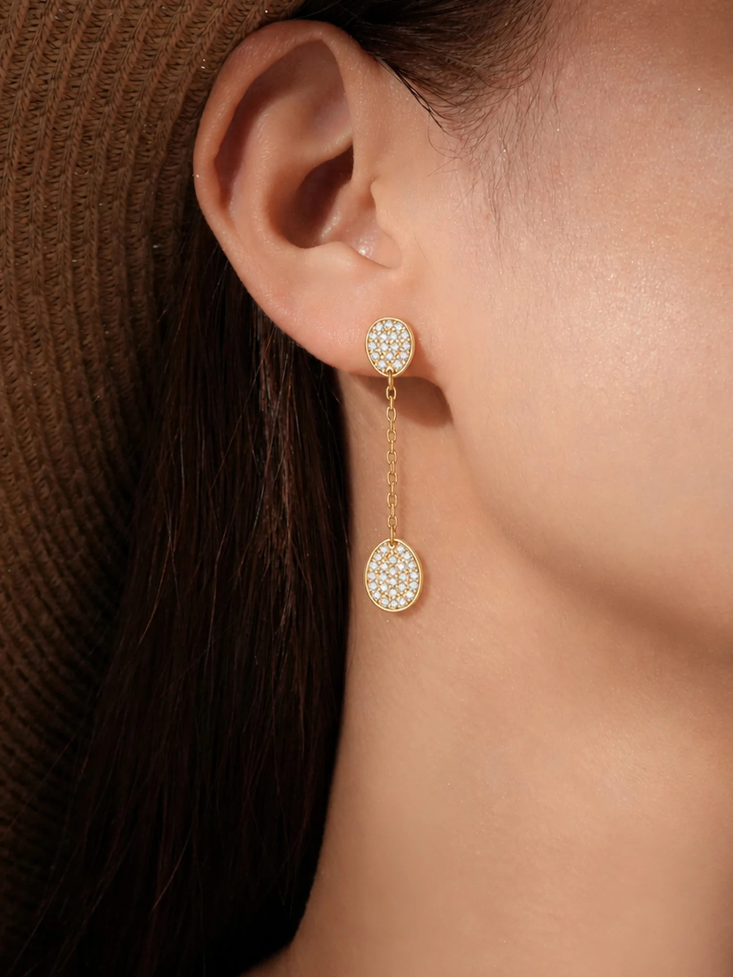 ANDYWEN 925 Silver Full CZ Double Circle Long Drop Earrings, Chain Dangle Stud, Hypoallergenic Pair Gift Box