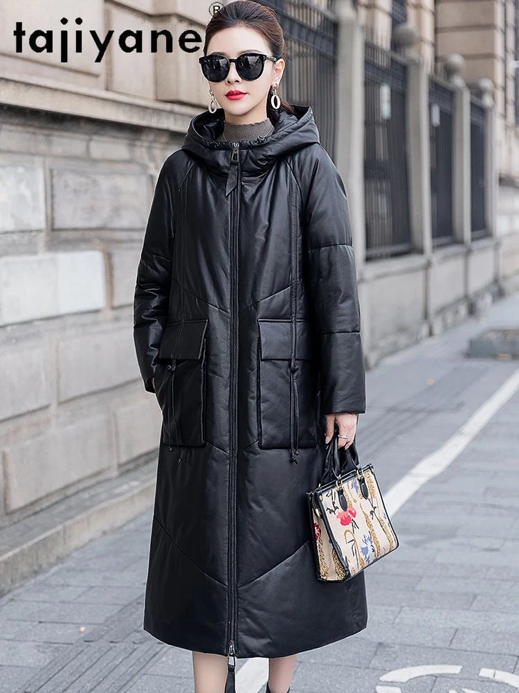 TAJIYANE 100% جلد البقر الحقيقي سترة منفوخة المرأة طويلة الأبيض أوزة أسفل معطف مقنعين سترات من الجلد الحقيقي 2025 ملابس حريمي 가dechı켓 #3