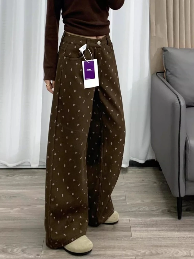 

Russian New Brown Floral Wide Leg Pants Women High Waist Loose Straight Denim Jeans Casual All-match Streetwear Baggy Trousers