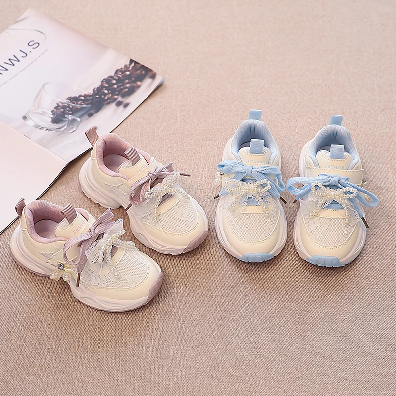 

Kids Running Shoes Princess Style Girls Casual Sneakers Sweet Lace Bows Beading 2025 Autumn New Children Sports Shoes Hook&loop