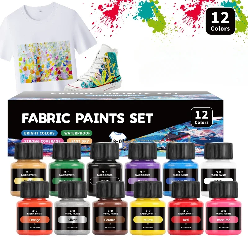12 Color 25ml Textile Pigment Set Handmade DIY Clothing Shoes Graffiti Painting Waterproof and Sun Resistant Acrylic Paint