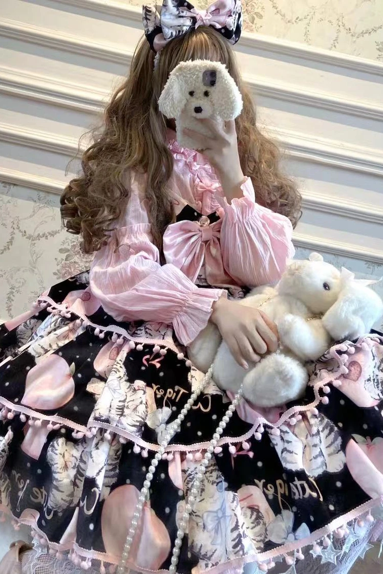 Lolita Kawaii Girl Tea Party Robe à bretelles pour femme, nœud papillon épais, taille haute, impression mignonne, Cosplay Cos