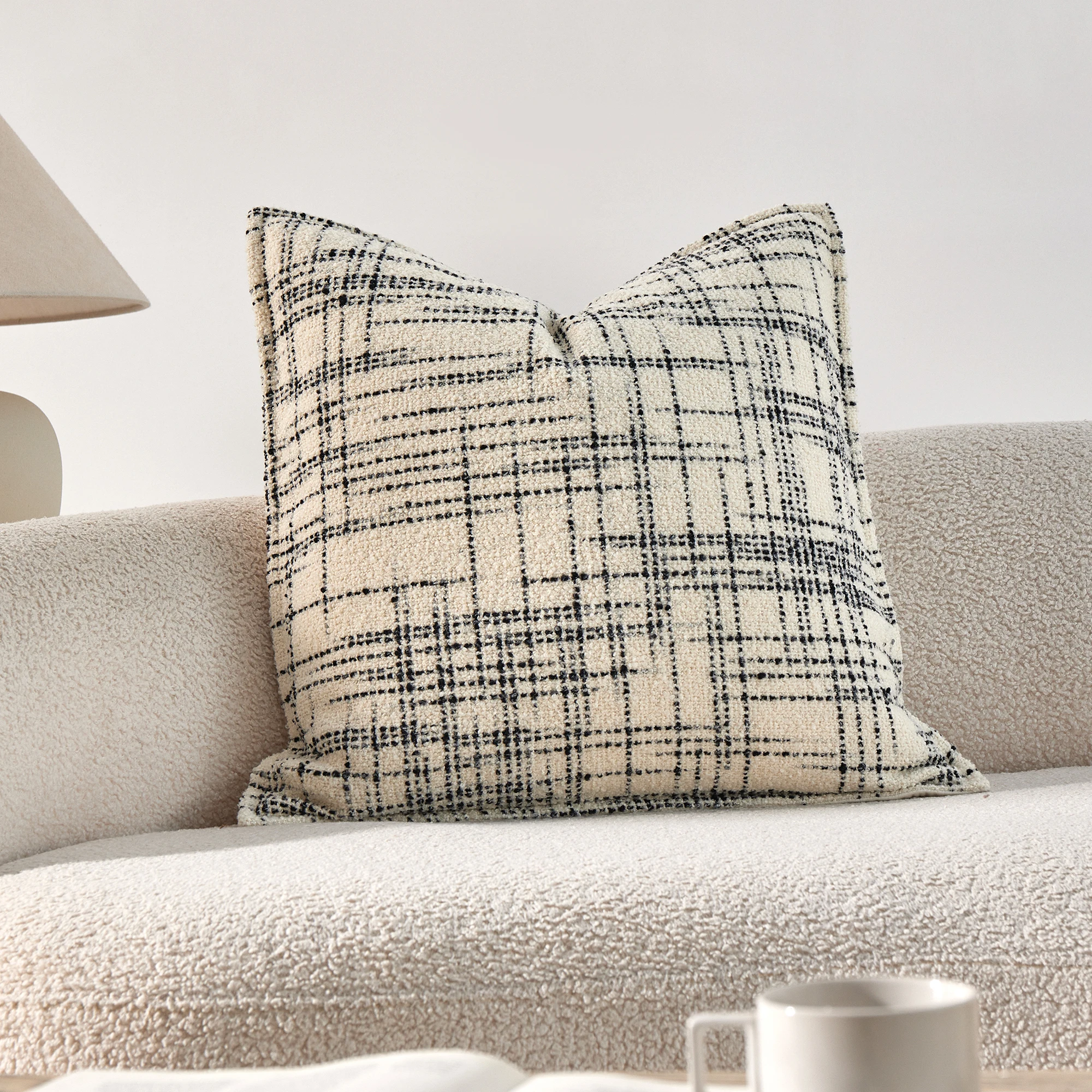 20x20 Boucle Pillow Cover Beige Cocoa Cross Grid Textured Cushion Cover for Sofa Bed Living Room Decor MScandinavian Farmhouse