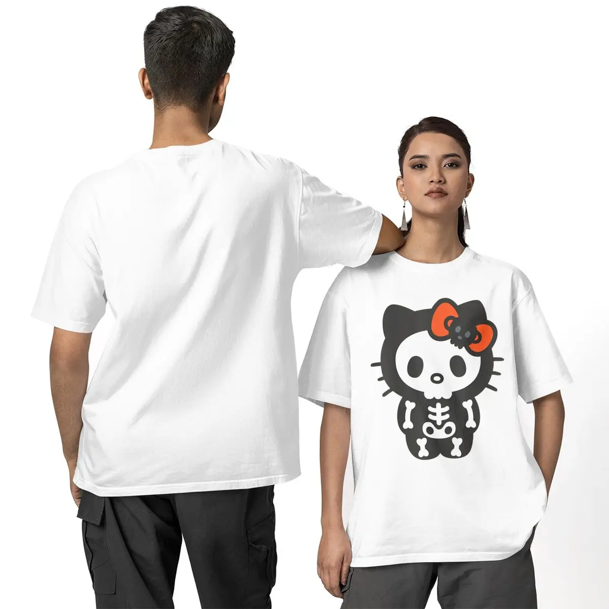 Men Hello Kitty Skeleton Halloween T Shirts Pure Cotton Clothes Humorous Short Sleeve O Neck Tees Plus Size T-Shirts