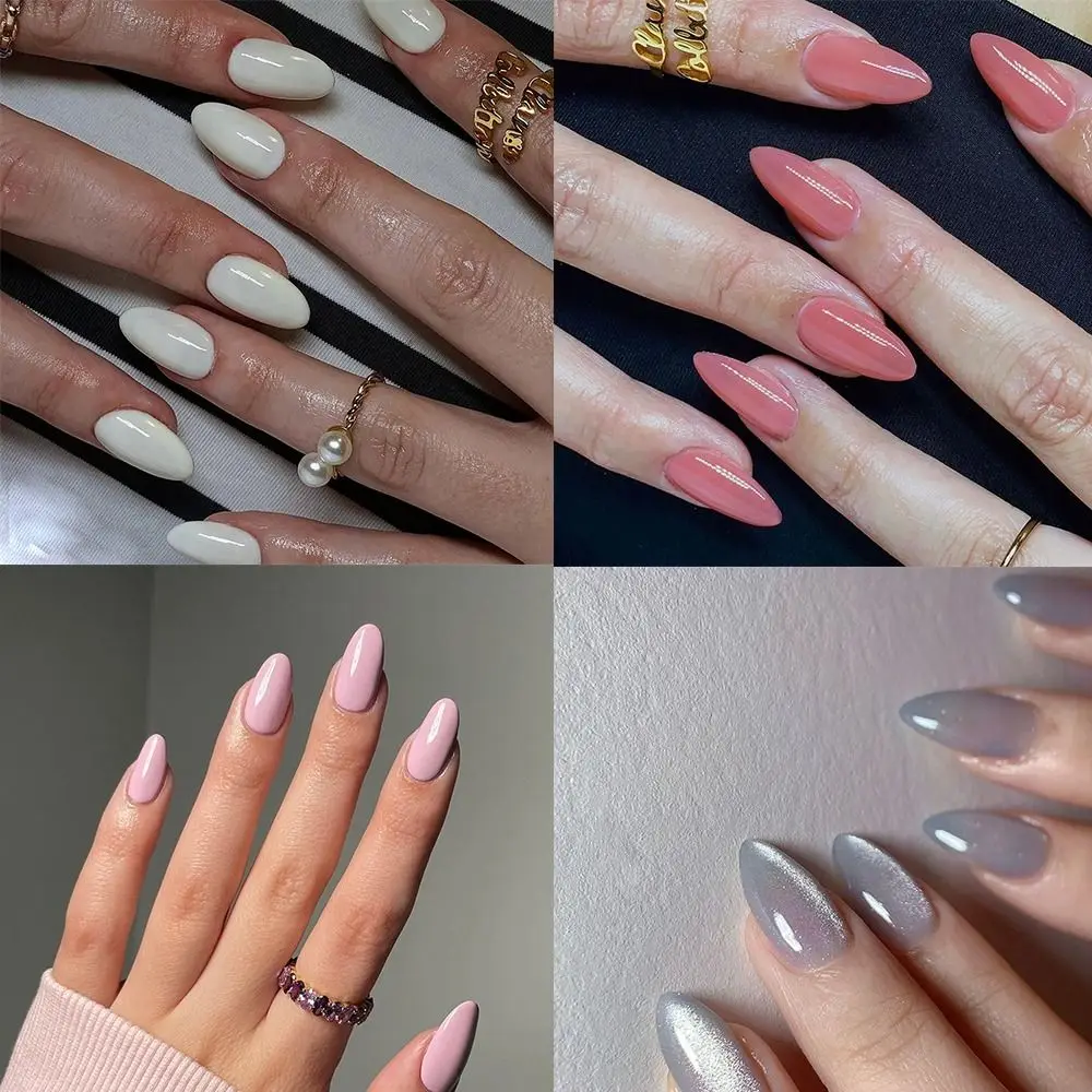 Manicure Long Oval False Nails Grey Cat Eye Pure Color Fake Nials Detachable French Press on Nails Women