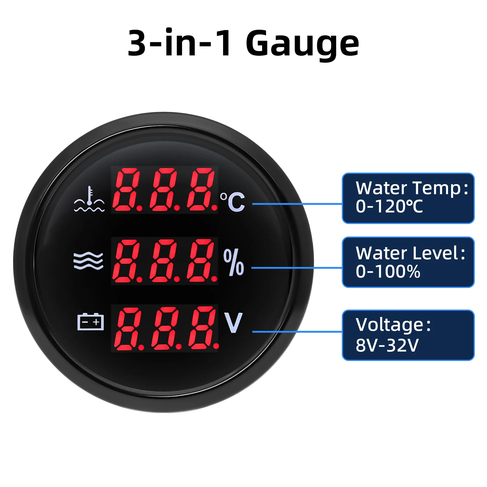 العالمي سيارة الرقمية 52 مللي متر مقياس 0-190ohm الأحمر LED 3 في 1 درجة حرارة الماء + مستوى المياه + الجهد مقاوم للماء IP67 لقارب يخت