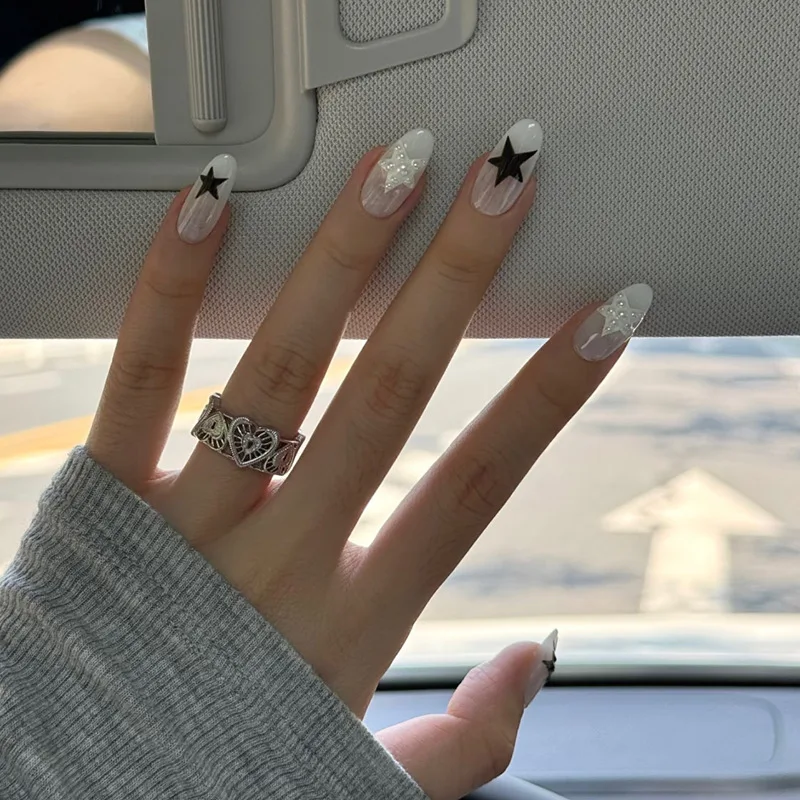 

24PCS Nude Pink Gradient French False Nails Simple Black Star Patterns with Pearl Fake Nails for Girls Women Sweet Cool Nail Tip