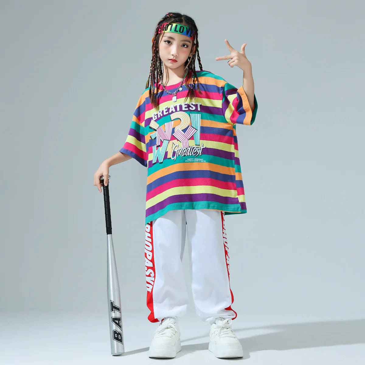 Kid Cool Hip Hop Clothing Red Yellow Striped T Shirt Top White Casual Jogger Pants for Girl Boy Jazz Dance Wear Costumes Clothes