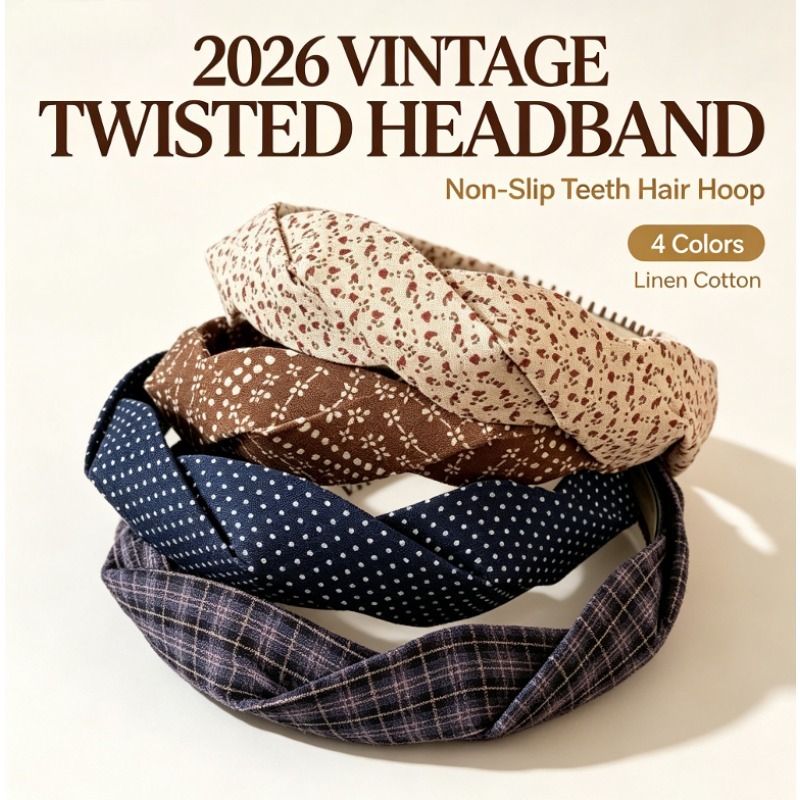  4 Colour Vintage Twisted Linen Cotton Headband for Women,Non‑Slip Teeth Hair Hoop,Soft Versatile Daily Wear Hair Accessories 