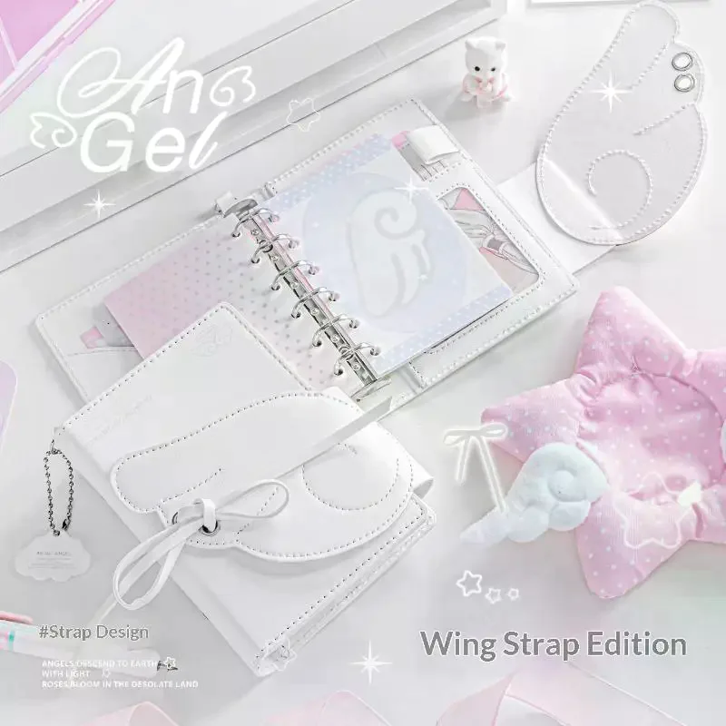 Kawaii Angel Wings Notebook  Leather 3 Fold Binder Journal Elastic Closure Loose Leaf Sketchbook Multi Pocket Storage Planner