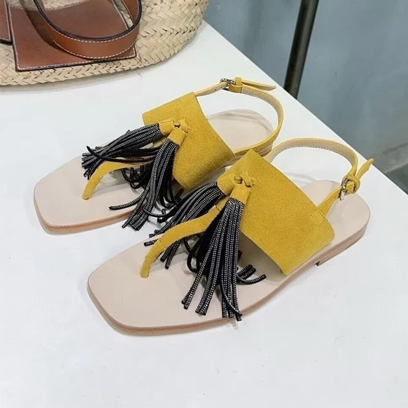 Kid Suede String Bead Tassels Flat Sandals Women Split Toe Ankle Strap Sandalias Summer Comfort Outdoor Vacation Casual Shoes