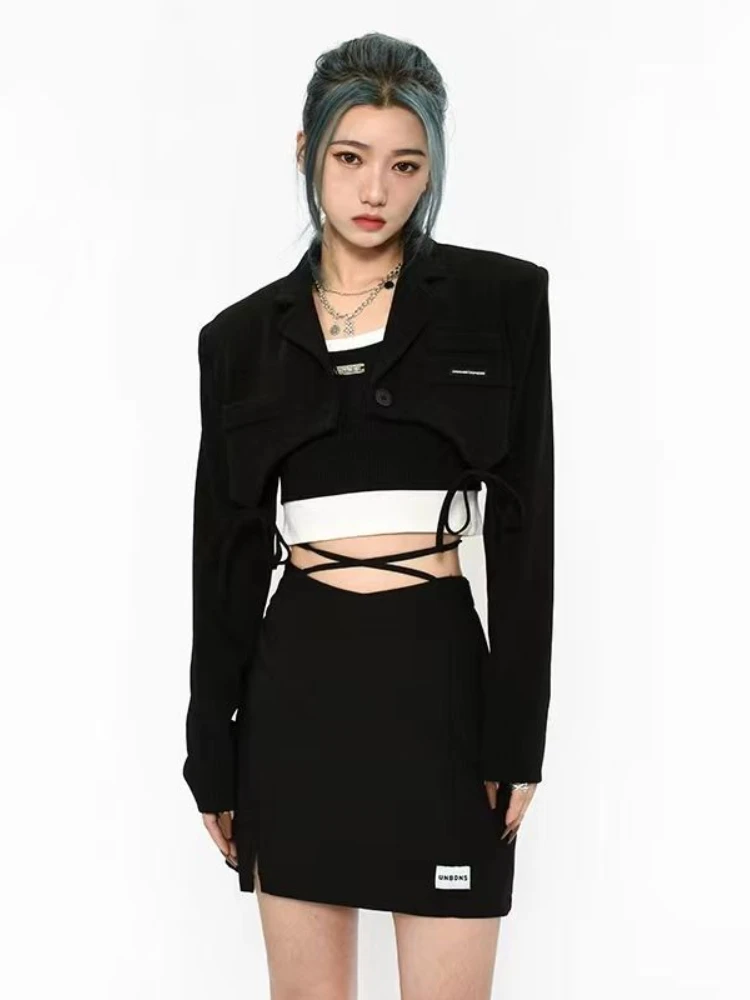 Bléiser corto negro para mujer, ropa de calle con muescas, estilo minimalista, para oficina, Y2k, Primavera