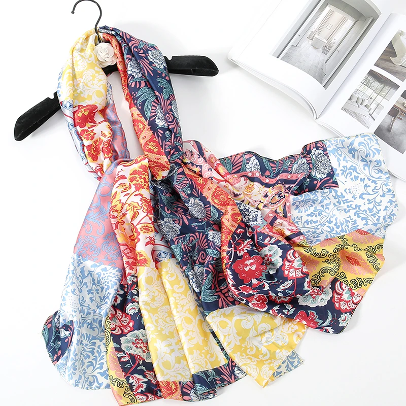 Floral Printed Silk Satin Scarf Elegent Shawl Fallow Travel Head Wrap Women Outdoor Windproof Shawls 180*90cm