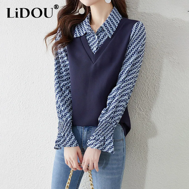 Spring Summer Elegant Fashion Fake Two Pieces Chiffon Patchwork Shirt Top Women Flare Long Sleeve Casual Pullover Blouse Blusa