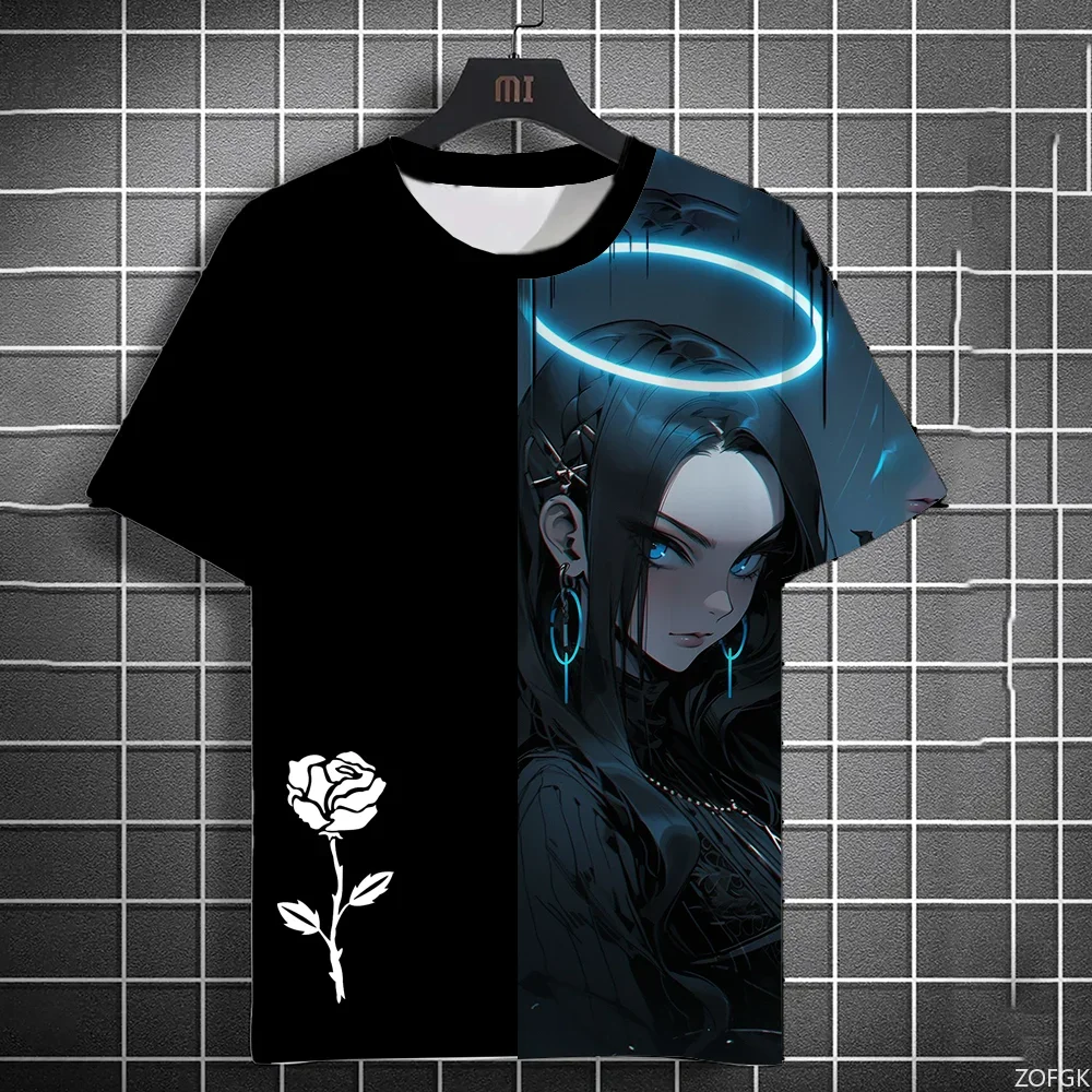 

2024, новая летняя мужская повседневная футболка в стиле ретро с 3D принтом, аниме для мальчиков и девочек, с принтом роз, высококачественная нейтральная футболка с коротким рукавом