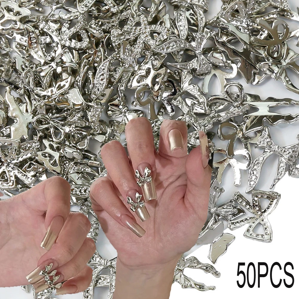 50pcs Metal Butterfly Bowknot Nail Charms Silvery Hypoallergenic Luxury Jewelry Sparkling Nail Art Supplies DIY Nail Decorations