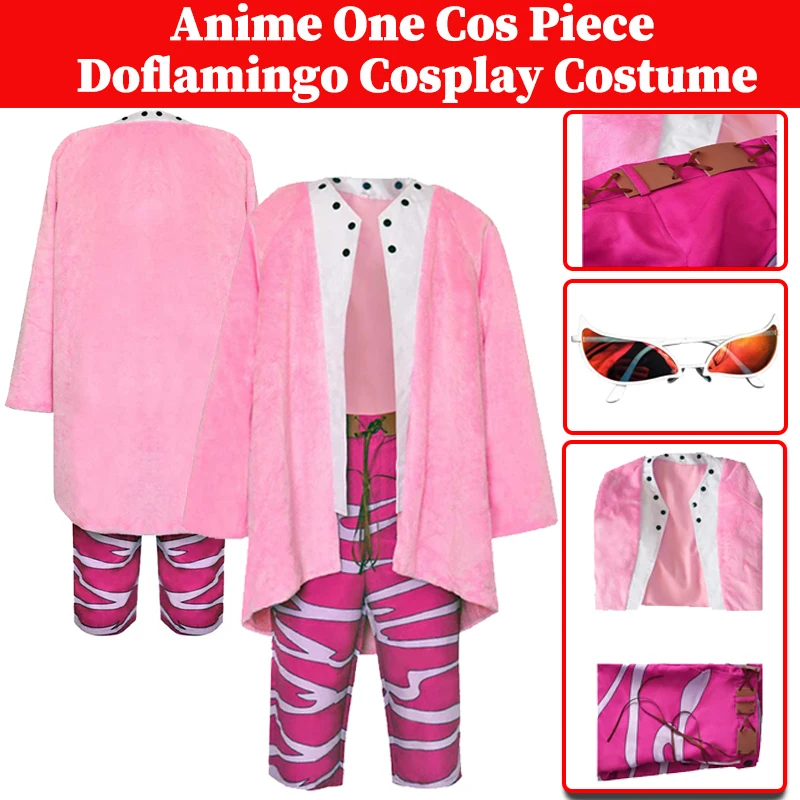 Doflamingo Cosplay Men Costume Anime Pirate Cosplay   Disguise Pink Cloak Pants Outfits Halloween Carnival Party Roleplay Suit